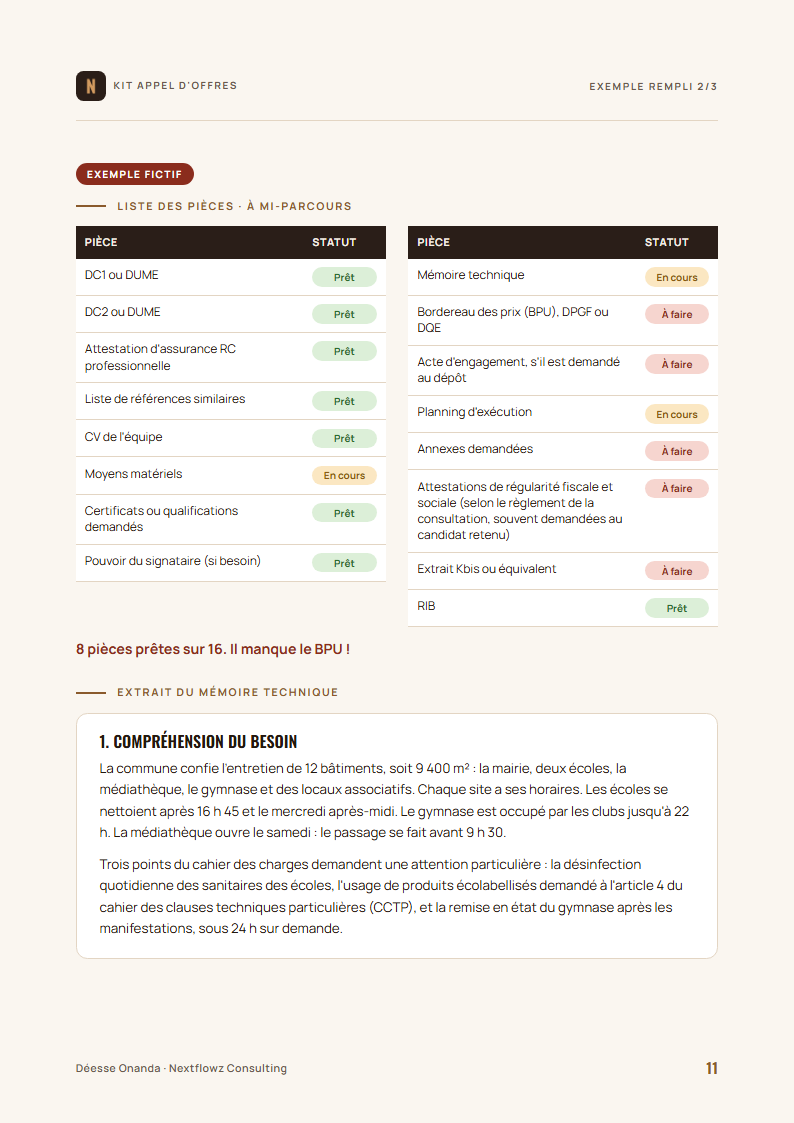 Liste des pièces de l’exemple fictif, à mi-parcours, et extrait du mémoire technique